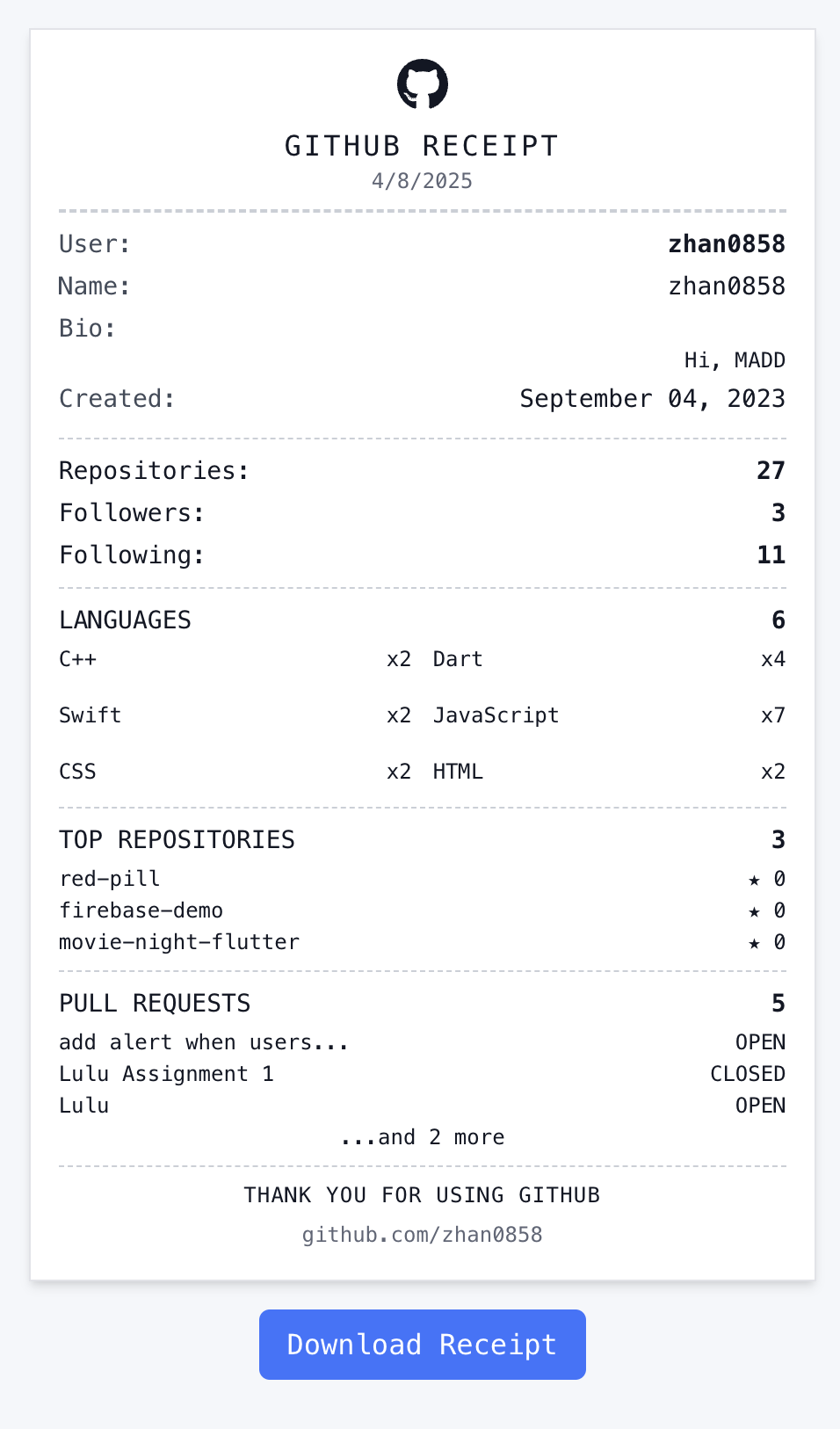 GitHub Cards Receipt Layout