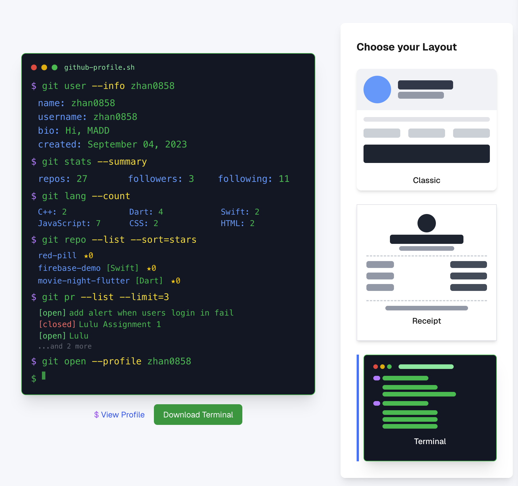 GitHub Cards Terminal Layout