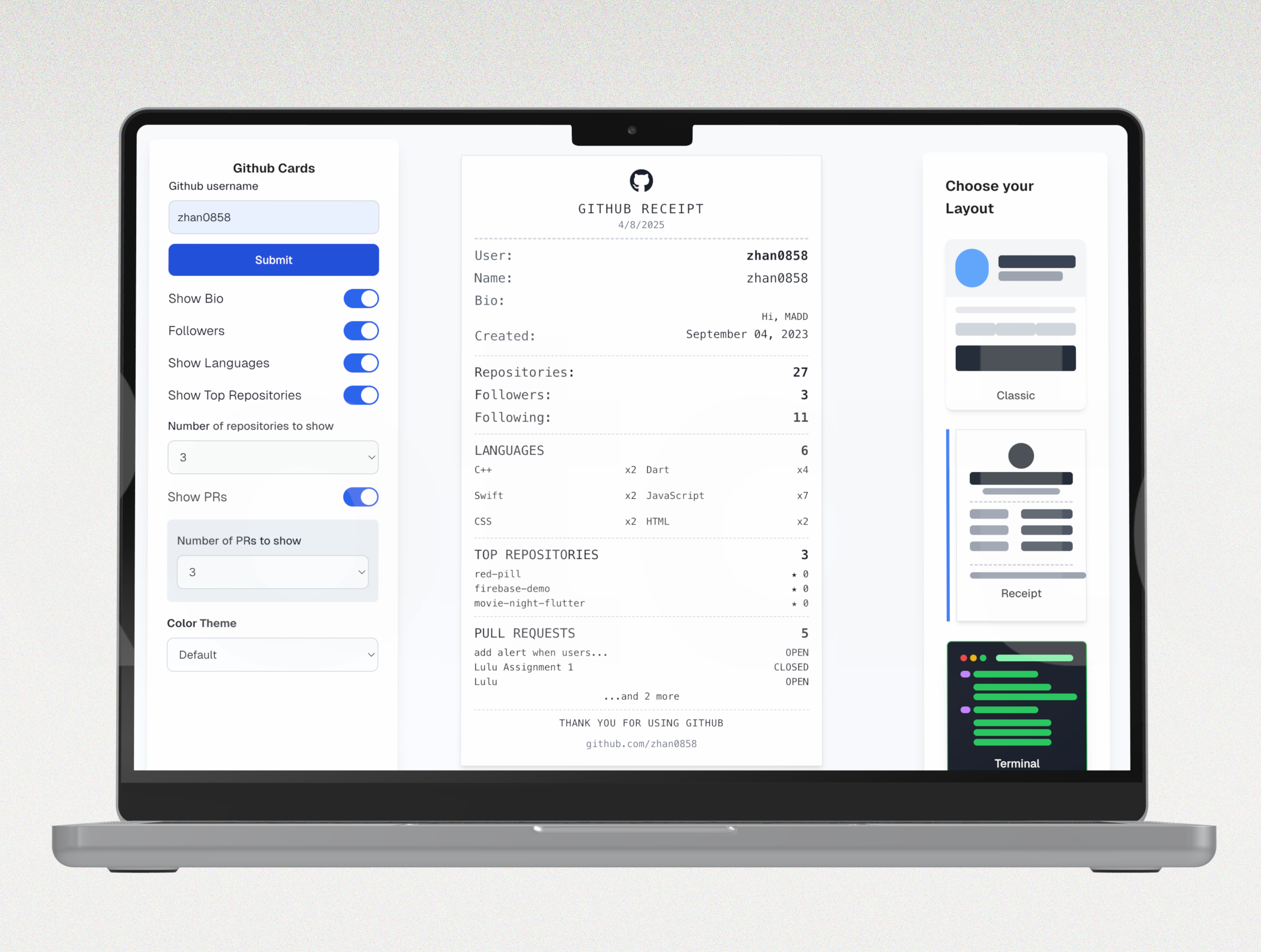 GitHub Cards web application preview